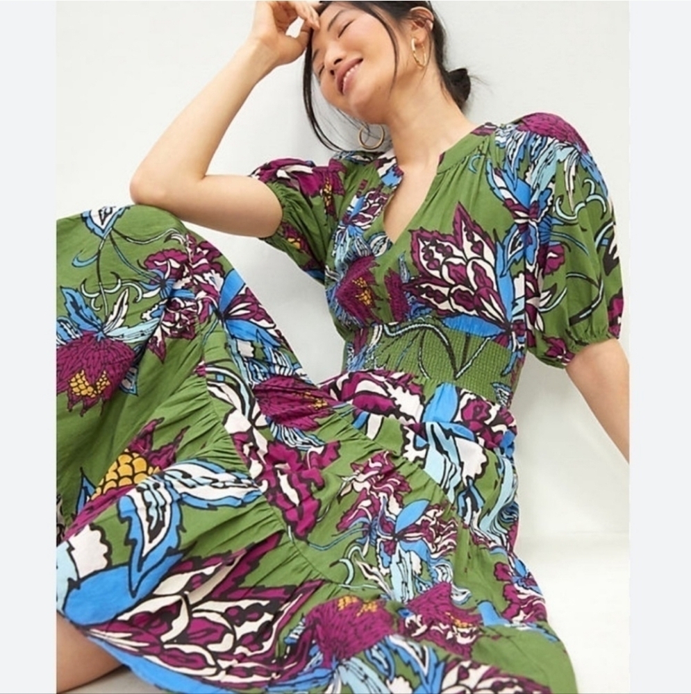 Green Floral Maxi Dress with Puff Sleeves